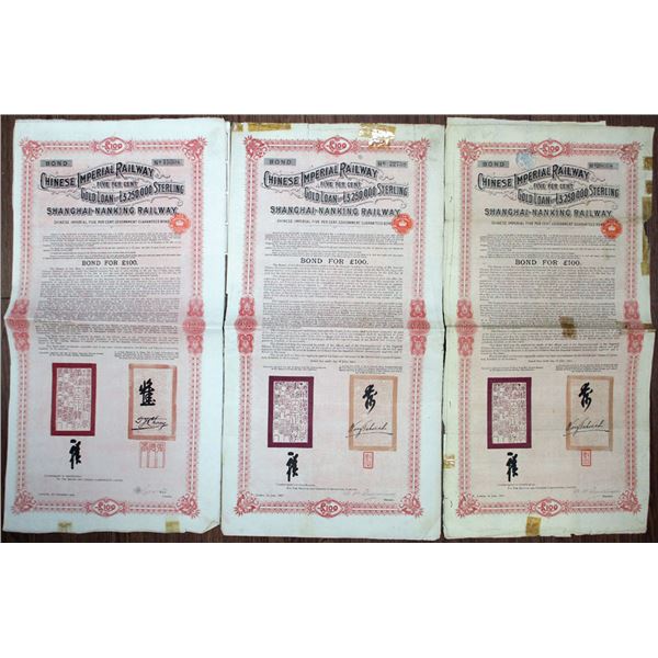 Chinese Imperial Railway, £100  Issued Bond Trio, ca. 1904 &1907