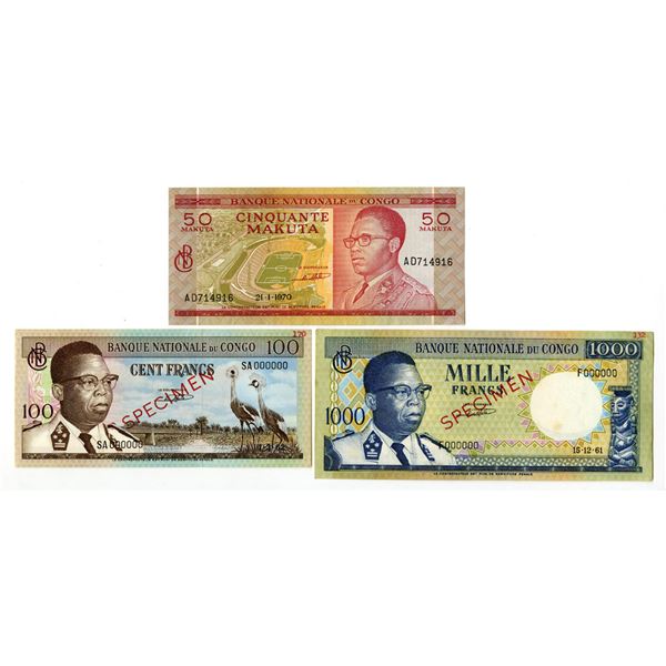 Congo. Banque National du Congo, 1961 to 1970, Issued and Specimen Banknote Trio.