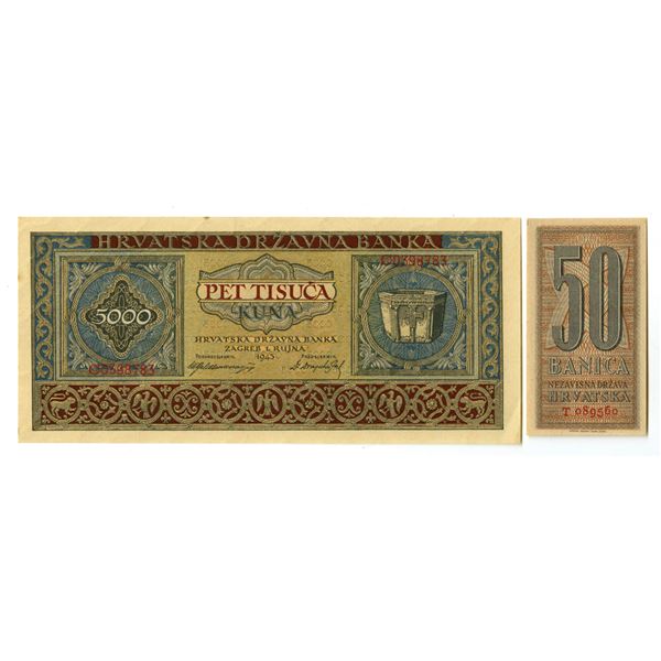 Croatia. Independent State of Croatia and Croatian State Bank, 1942 to 1943, Issued Banknote Pair.