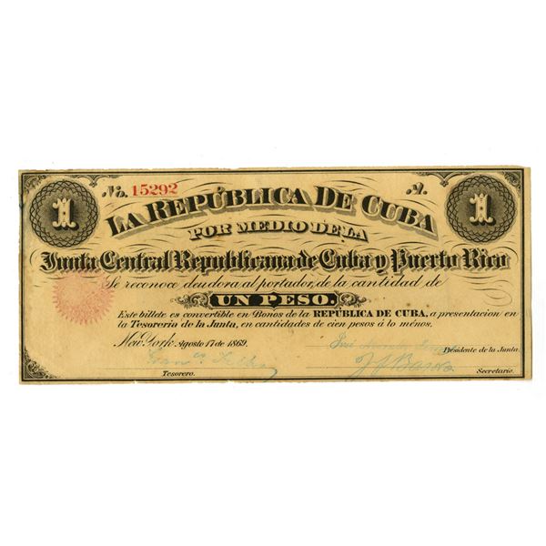 Cuba. Junta Central Republicana de Cuba y Puerto Rico, 1869, Issued Banknote.