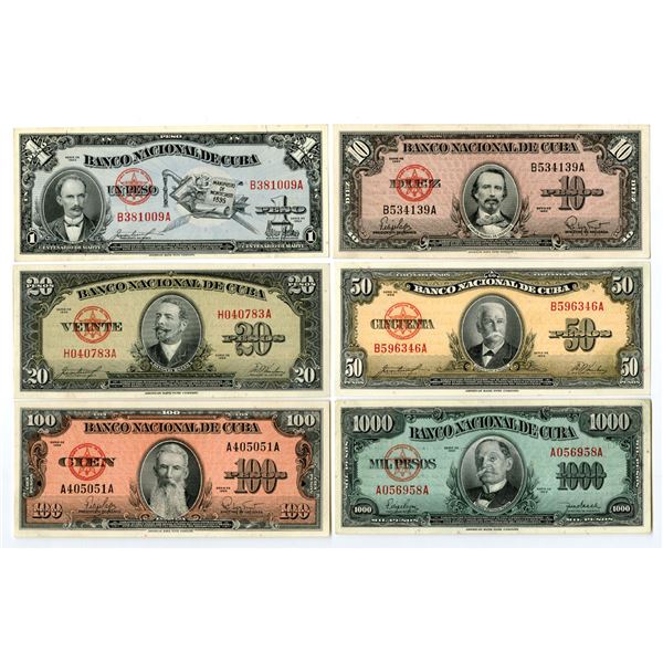 Cuba. Banco Nacional de Cuba, 1950 to 1960, Issued Banknote Assortment.