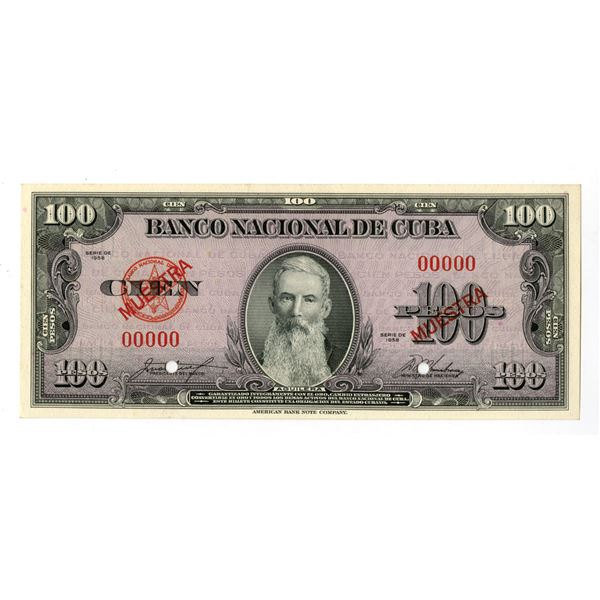 Cuba. Banco Nacional de Cuba, 1958, Specimen Banknote.