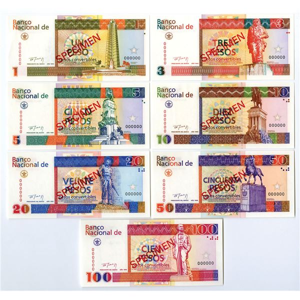 Cuba. Banco Nacional de Cuba, 1994, Specimen Set of 7 Banknotes.