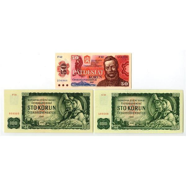 Czechoslovakia. Czechoslovak State Bank, 1961 to 1987, Issued Banknote Trio.
