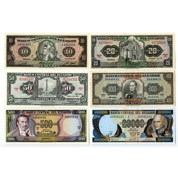Ecuador. Banco Central del Ecuador, 1973 to 1995, Issued Banknote Assortment.
