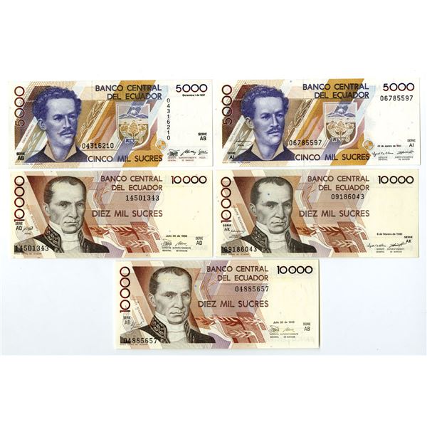 Ecuador. Banco Central del Ecuador, 1987 to 1995, Issued Banknote Assortment.