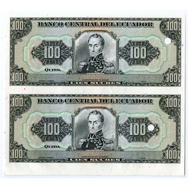 Ecuador. Banco Central, ND(1980s), 100 Sucres, P-123 Uncut Pair Specimen-Proofs