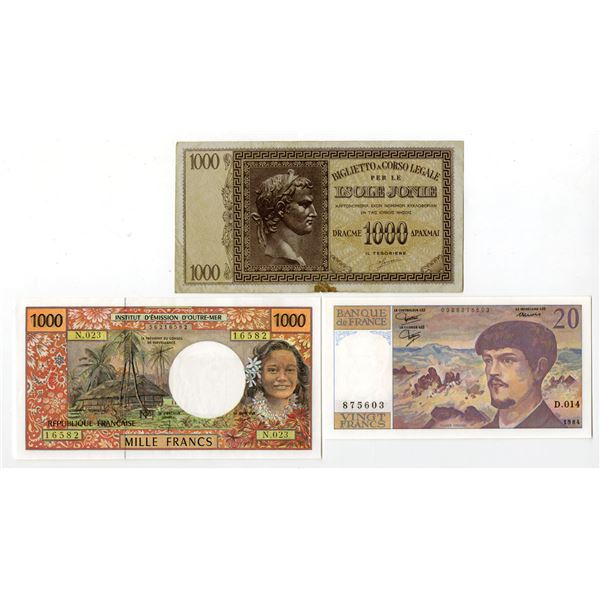 Greek, French, and French Pacific Territories Issued Banknote Trio, ND (1941) to ND (1996).
