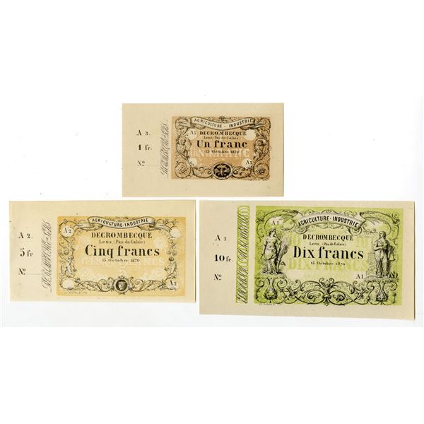 France. Franco-Prussian War Decrombecque, 1870, Issued Banknote Trio.