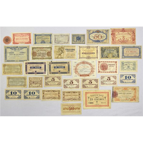 France. WW I Emergency Currency, 1910 to 1920s, Issued Scrip Notes.