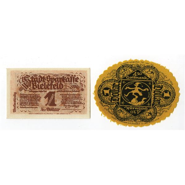 Germany. Bielefeld Cloth Notgeld Pair, 1921 to 1923.