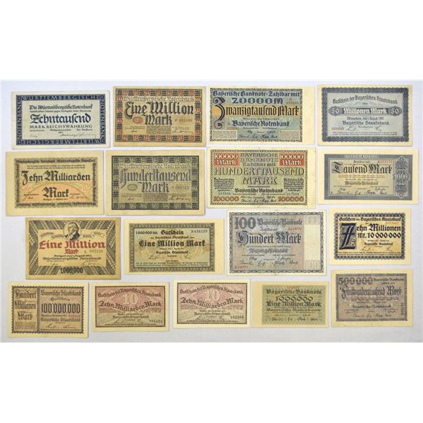 Germany. Bavarian and Wurttemberg, 1922 to 1923, Issued Banknote Assortment.
