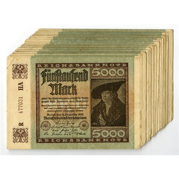 Germany. Weimar Republic Reichsbanknote, 1922, 5000 Mark, P-81 lot of 38 Issued Banknotes