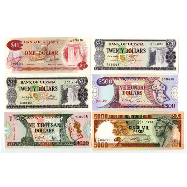 Guinea Bissau & Guyana Issued Banknote Assortment, ND (1966-89) to ND (1992).