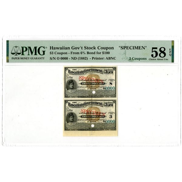 HI. Hawaiian Government, ND (1882), Uncut Pair of Specimen Bond Coupons from a 6% $100 Bond.