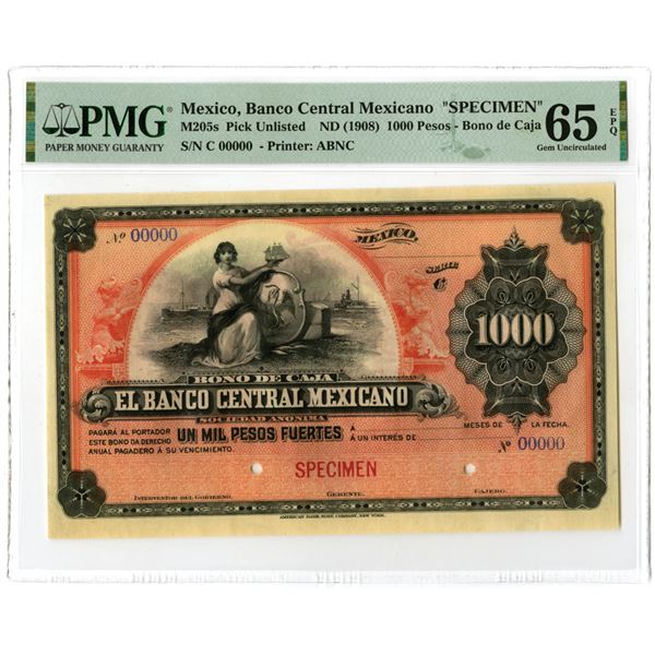 Mexico.  Bono de Caja  Banco Central Mexicano, ND (1908), Specimen Banknote.