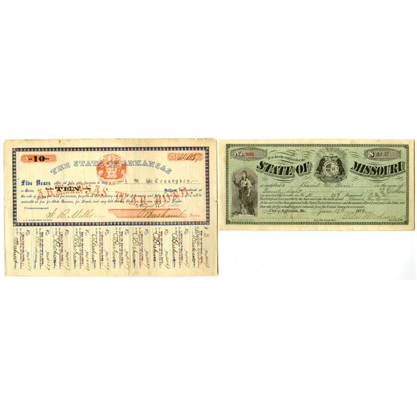 State of Arkansas 1861 Obsolete Banknote & State of Missouri 1874 Military Warrant.