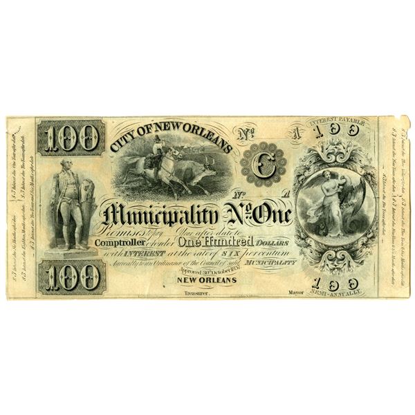 LA. City of New Orleans Municipality No. One, 1837, $100 Remainder Post Note.