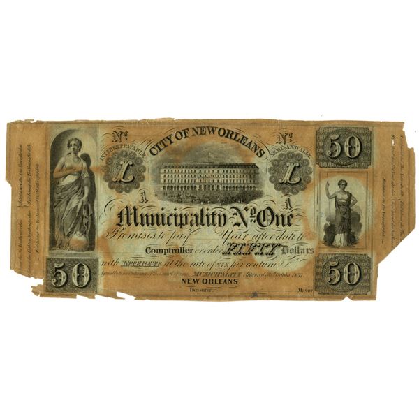 LA. City of New Orleans Municipality No. One, 1837, $50 Remainder Post Note.