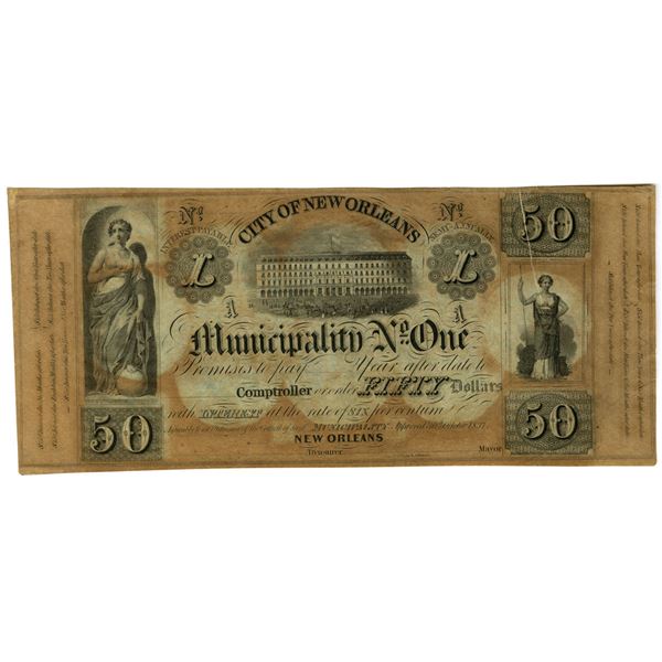 LA. City of New Orleans Municipality No. One, 1837, $50 Remainder Post Note.