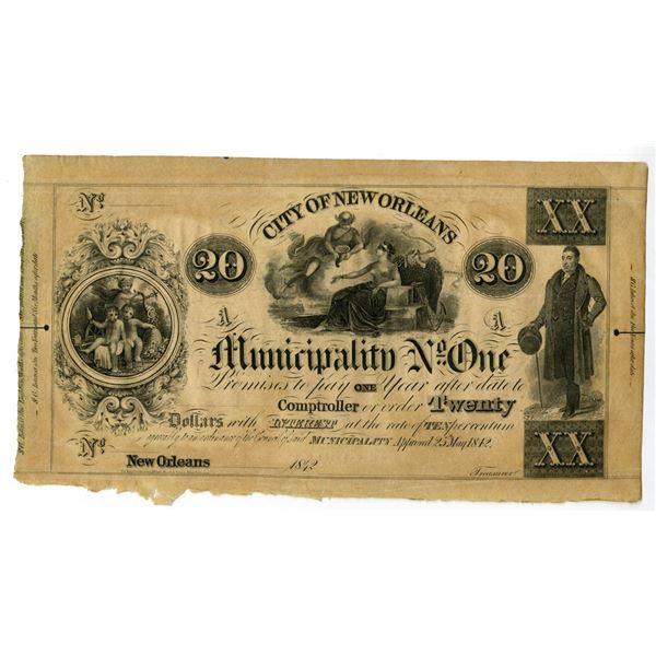LA. City of New Orleans Municipality No. One, 1842, $20 Remainder Post Note.