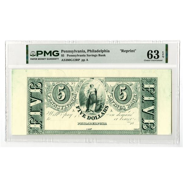 PA. Pennsylvania Savings Bank, 18xx, c.1840-50s, (Reprinted in ca.1940-60s), $5, Proprietary-Reprint