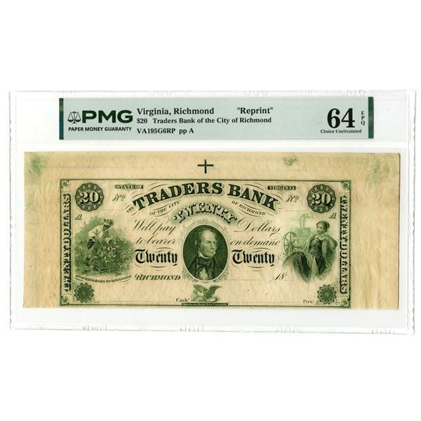 VA. Traders Bank of the City of Richmond, ND (1860s), $20 Reprint Obsolete Banknote.