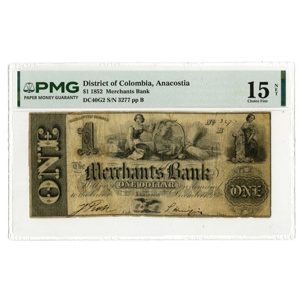Anacostia (D.C.), Merchants Bank, 1852, Issued Obsolete Banknote.