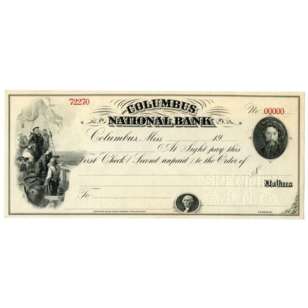MS. Columbus National Bank, ND (1900 to 1920s), Specimen Check.