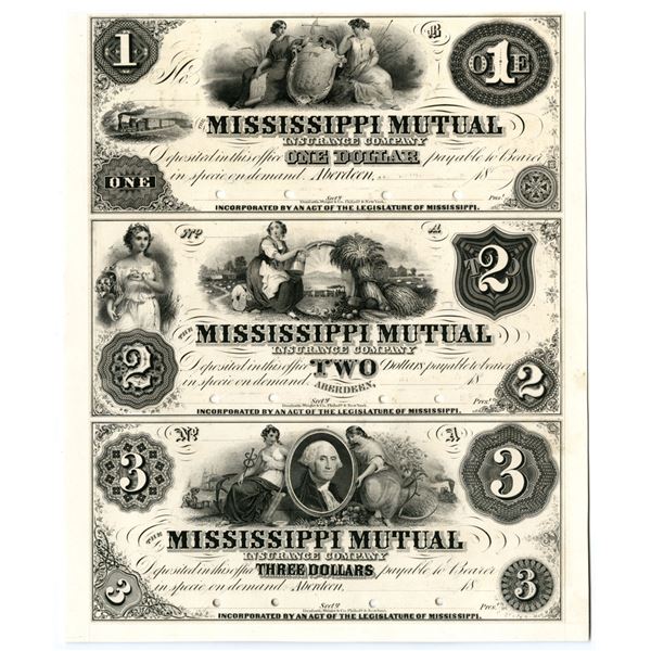 MS. Mississippi Mutual Insurance Company, ca.1853–1858. $1–$2–$3 Uncut Pr