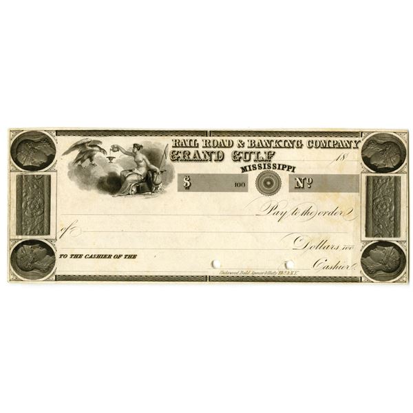 MS. Rail Road & Banking Company of Grand Gulf. Undenominated Check / Draft Proof on India Paper, ca.