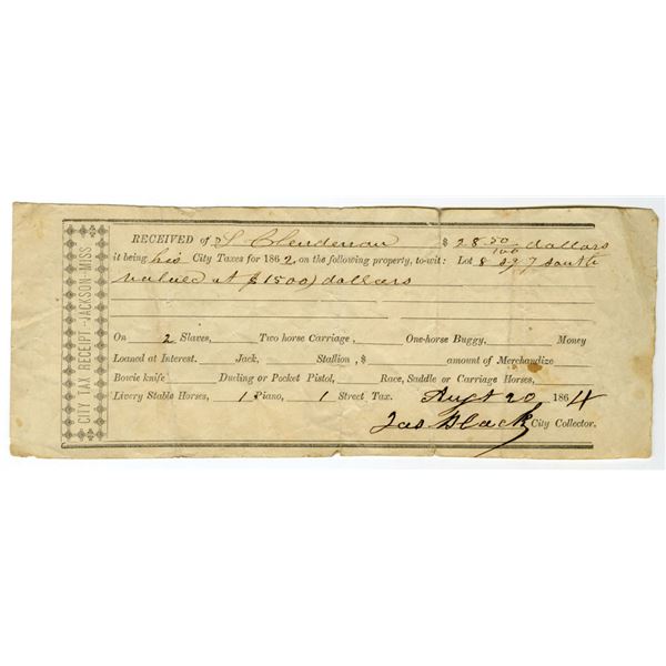 MS. Slave-Related City Tax Receipt, D.S. Claiborne. 1862. Issued Tax Receipt Including Taxes Paid on