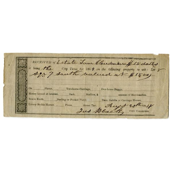 MS. Slave-Related City Tax Receipt, Estate of Sam Claiborne. 1863. Issued Tax Certificate