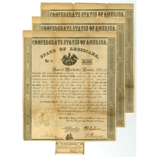 LA. Confederate States of America, 1862, $500 I/U Bond Trio.