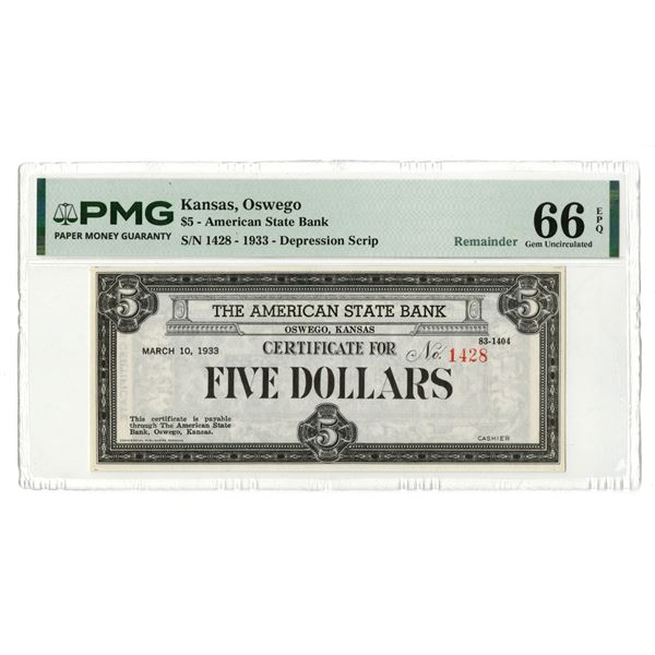 KS. American State Bank, 1933, Remainder Depression Scrip Note.