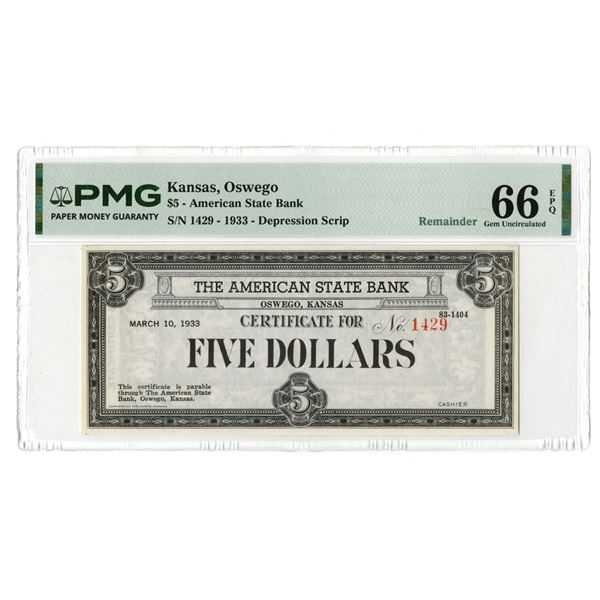 KS. American State Bank, 1933, Remainder Depression Scrip Note.