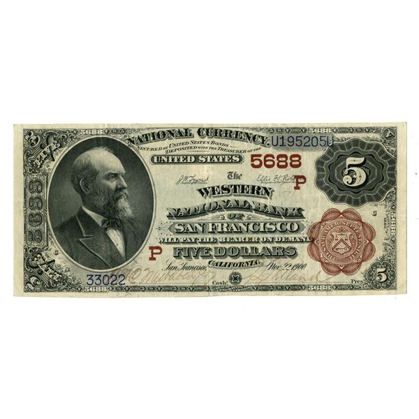 CA. Western National Bank of San Francisco, California. $5, Series of 1882, Ch# P-5688, Issued Bankn