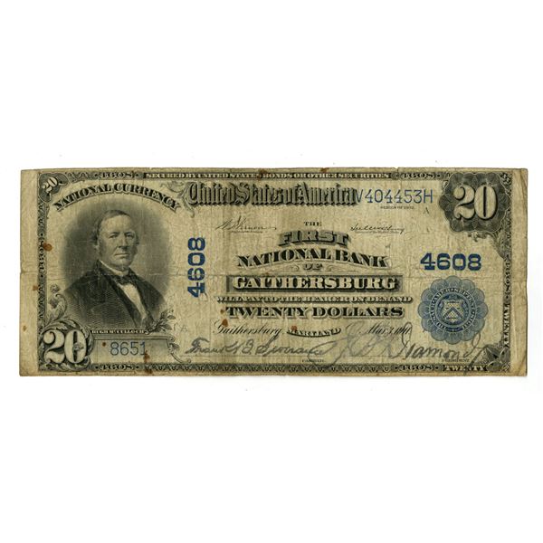 MD. First National Bank of Gaithersburg, Maryland. $20, Series of 1902 PB, Ch#4608, Issued Banknote.