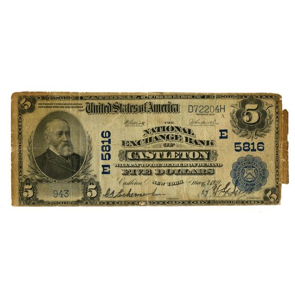 NY. National Exchange Bank of Castleton, New York. $5, Series of 1902 PB, Ch# E-5816, Issued Banknot