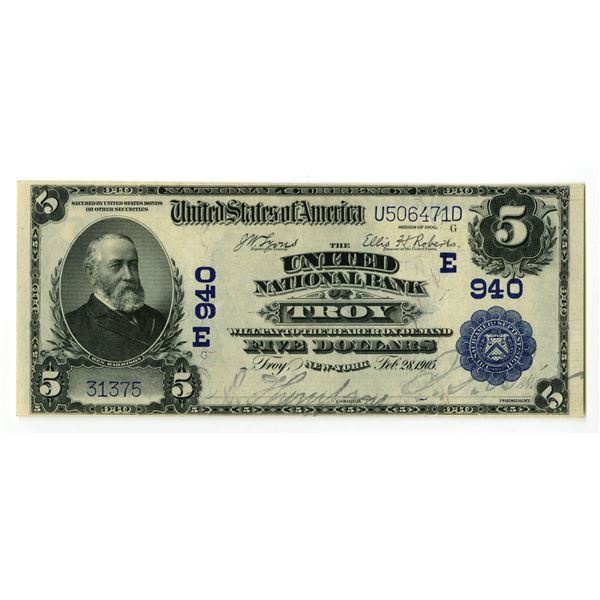 NY. United National Bank of Troy, New York. $5, Series of 1902 PB, Ch# E-940, Issued Banknote.