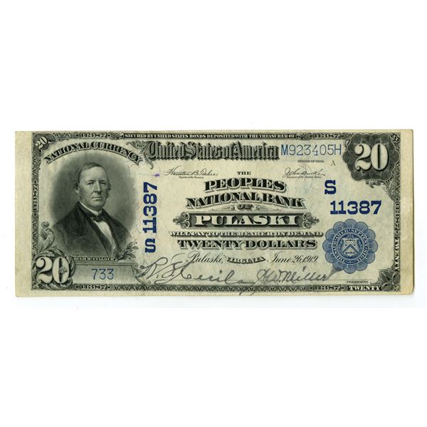 VA. Peoples National Bank of Pulaski, Virginia. $20, Series of 1902 PB, Ch#S-11387, Issued Banknote.