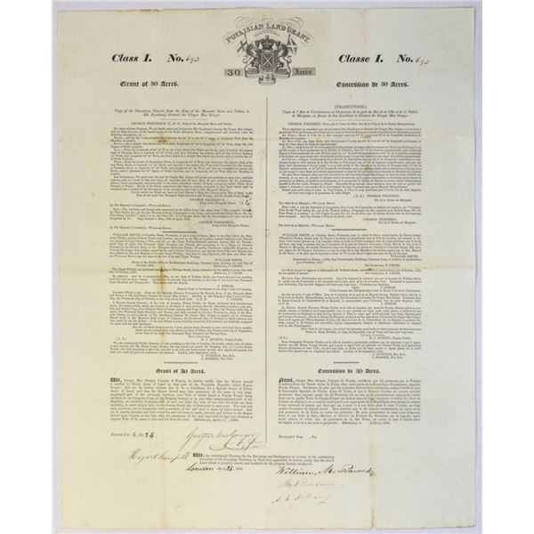 Honduras. Poyaisian Land Grant, 1834, Class I Grant for 30 Acres, I/U Signed by Sir Gregor MacGregor