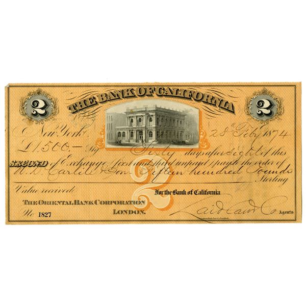 CA. Bank of California, 1874, I/U Second of Exchange.