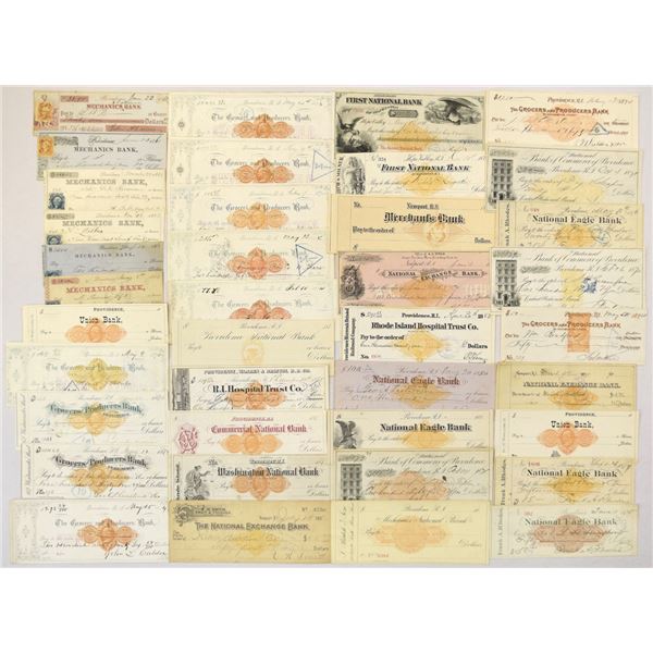RI. Rhode Island Banking Check and Draft Assortment with RN-B, C,G, F, H & X Imprinted Revenues in V