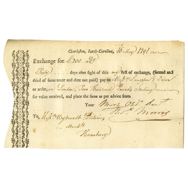 Charleston, South Carolina, 1791, First of Exchange payable in London with Corresponding Bank in Ham