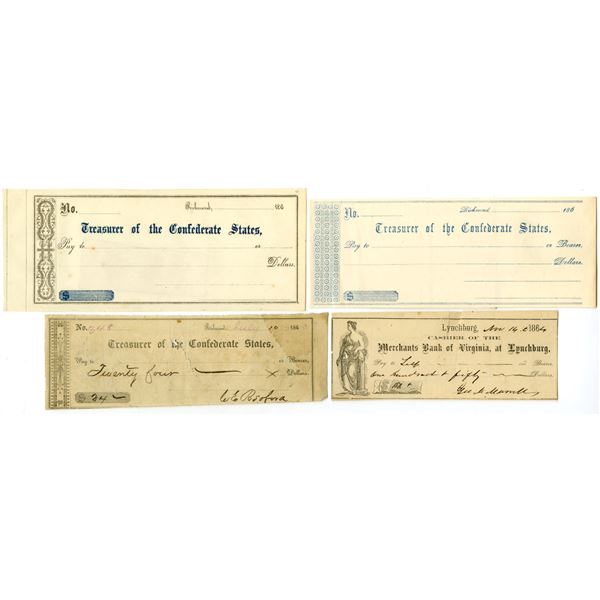VA. Confederate States and Virginia,  ND (1860s) to 1864, Civil War Check Quartet.