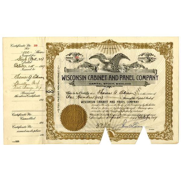NJ. Wisconsin Cabinet and Panel Co., 1917, Amazing ITASB Thomas Edison Stock Certificate, and also s
