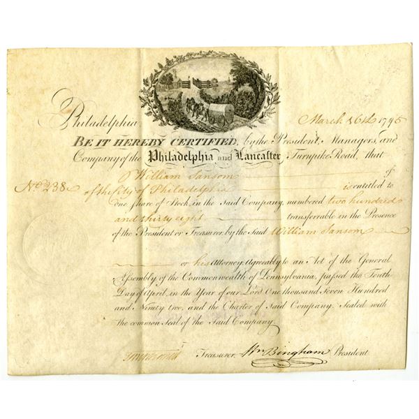 PA. Philadelphia and Lancaster Turnpike Road Co., 1795, I/U Stock Certificate Signed by William Bing