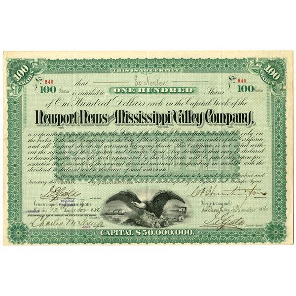 CT. Newport News & Mississippi Valley Co., 1886, I/U Stock Certificate signed by C.P. Huntington.