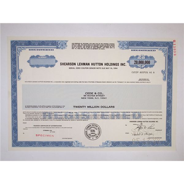 Shearson Lehman Hutton Holdings Inc., 1988 $20 Million Dollar High Denomination Specimen Registered 